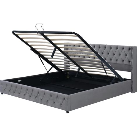 Gepolstertes Doppelbett 140 x 190 cm grau in Samt mit hydraulischem Hebesystem (1/5)