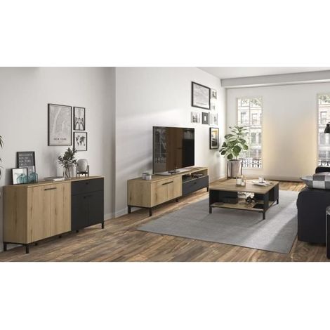 Ensemble de meubles de salon – meuble TV, table basse et buffet bas – chêne et noir – design contemporain – Gami