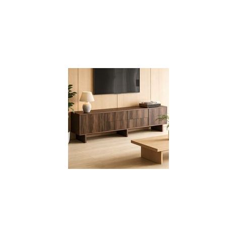 Meuble TV noyer foncé 180x40x56 cm, 4 tiroirs, 2 portes, design ondulé, compatible TV jusqu'à 75 pouces
