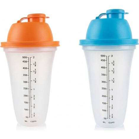 2 Shaker 50 cl arancio e celeste con Scala Graduata Bicchiere Dosatore 500 ml con Tappo ad incastro per caffe' freddo granite frullati Cocktail Proteine Pastelle Salse ed Emulsioni