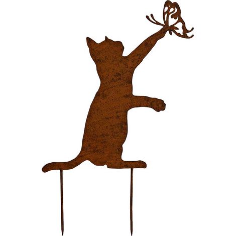 Silhouette déco en fer chat et papillon 30 x 45 cm – Fer patiné marron – Pour massif de fleurs ou pelouse – Éléments décoratifs jardin – La Grande Prairie (1/3)