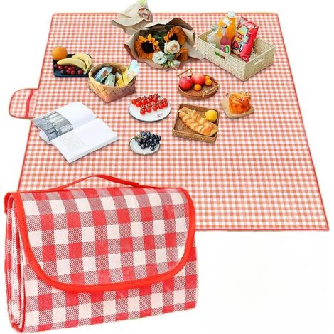Picknickdecke 200 x 200 cm – 1 Stück – Vliesstoff – wasserdicht und faltbar – für Strand und Park – rot-weiß (1/5)