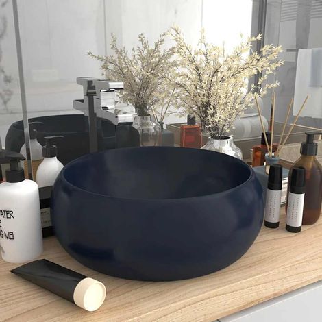Vasque ronde luxueuse, bleu foncé mat, 40 x 15 cm, céramique