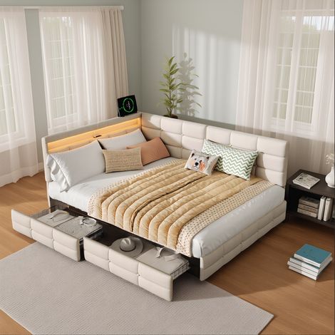 Polsterbett 140x190 cm mit Stauraum, Doppelbett mit LED und USB-Ladeanschlüssen,  Modernes Jugendbett in L-Form, Bettgestell mit Kopfteil und Lattenrost, Leinen Beige, Ohne Matratze
