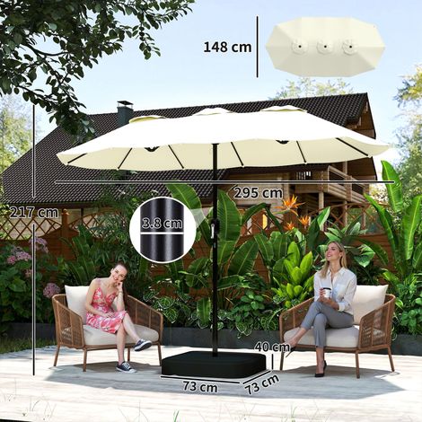 Parapluie double à 12 baleines, manivelle, base en croix et sac, en métal et polyester, 3 x 1,5 m, beige. (1/5)
