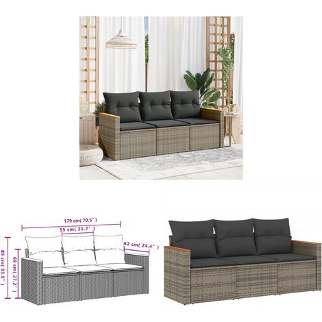 3-tlg. Garten-Sofagarnitur mit Kissen Grau Poly Rattan - Gartensofas - Outdoor Möbel - Gartenmöbel Set - Rattan Sofa - Lounge Set - Home & Living (1/3)