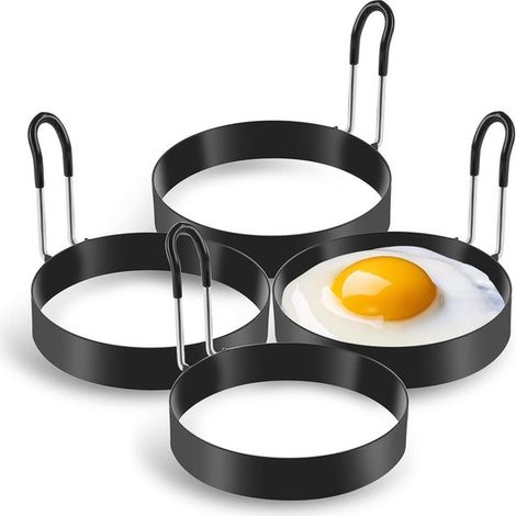 Moldes para huevos de acero inoxidable, Molde para tortitas a prueba de fugas, Mango resistente al calor, Para huevos y tortillas, 4 piezas (1/5)