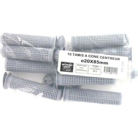 Pack de 10 tamis à cône centreur – diamètre 20 x 85mm – fixation pour matériaux creux – perforation régulière pour diffusion résine – Batifix