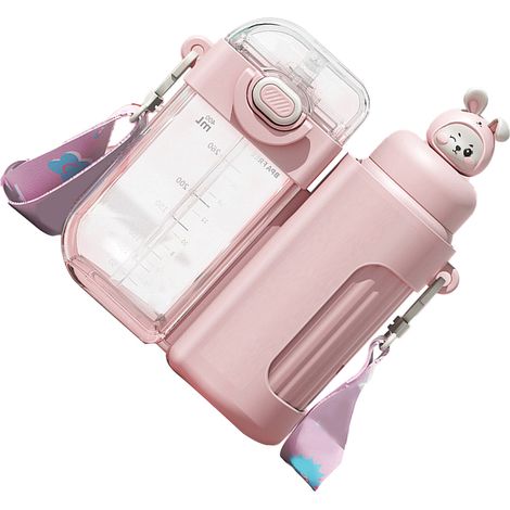 Gourde à paille grande capacité, étanche, mignonne et portable, double gourde pour enfants, rose (1/5)