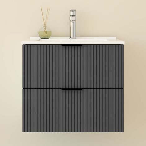 Aica Meuble de Salle de Bain suspendu 60 cm Anthracite avec 2 tiroirs, vasque céramique - Meuble de salle de bain mural