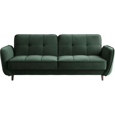 Canapé 3 places convertible en tissu BOZA - Pieds bois noir-Vert épinard (1/4)