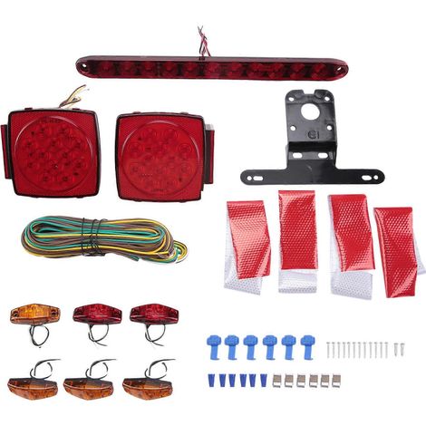 Kit d'éclairage LED pour remorque, feux de stop, clignotants, feux arrière, feux de freinage, feux de plaque d'immatriculation et feux de position carrés à LED avec faisceau de câblage/feux de gabarit (1/5)