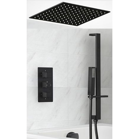 Milano Preto 3 Outlet Triple Diverter Thermostatic Mixer Valve with 400mm Ceiling Mounted Recessed Rainfall Shower Head  Hand Shower Slide Rail Bar Kit and Overflow Bath Filler