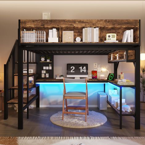 Lit mezzanine 140x200 cm avec  bureau coin et rangement Lit simple éclairage LED et prise USB Type-C  Bois Noir et Vintage
