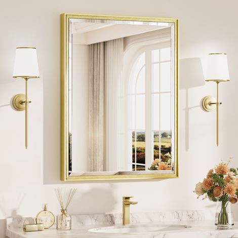 Keonjinn Wandspiegel rechteckig 60x80cm, Badspiegel mit Alurahmen, Gold, abgeschrägte Kanten, HD-gehärtetes Glas, stoßfest, horizontal oder vertikal, für Schlafzimmer, Flur oder Wohnzimmer (1/5)