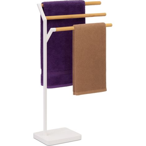 Relaxdays Portasciugamani a 3 Bracci Sfalsati, Piantana da Bagno, 75x38,5x18 cm, Porta Asciugamani, Ferro, Bambù, Bianco
