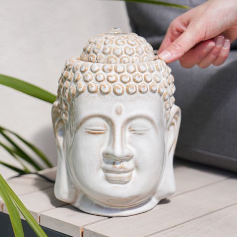 Plug In LED Buddha Head Zen Garden Ceramic Water Feature Fountain Outdoor Light Up