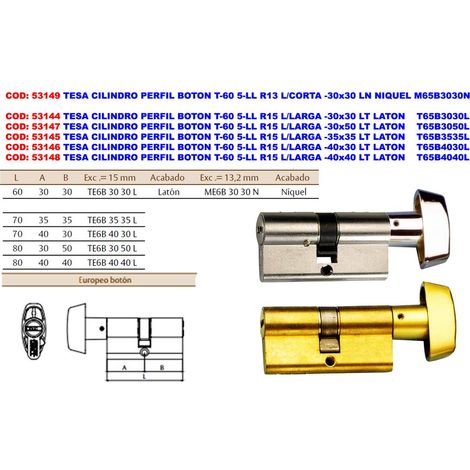 Bouton profilé cylindre T-60 5 clés R15 BOT-30x50 LT T65B3050L