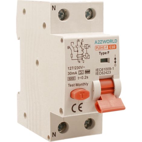 RCBO Interruttore Magnetotermico Differenziale Tipo F Curva C 1P+N 2M 6000A 30mA AC 230V IP20 IEC61009-1, Corrente Disponibili 10A 16A 20A 25A 32A 40A 63A (C10A)