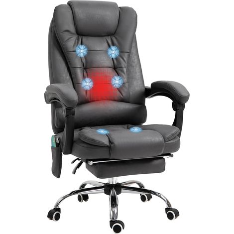 Vinsetto – Fauteuil de bureau massant ergonomique – Tissu microfibre 100% polyester – Dossier inclinable 135° – Hauteur réglable 111-119cm – Repose-pieds rétractable