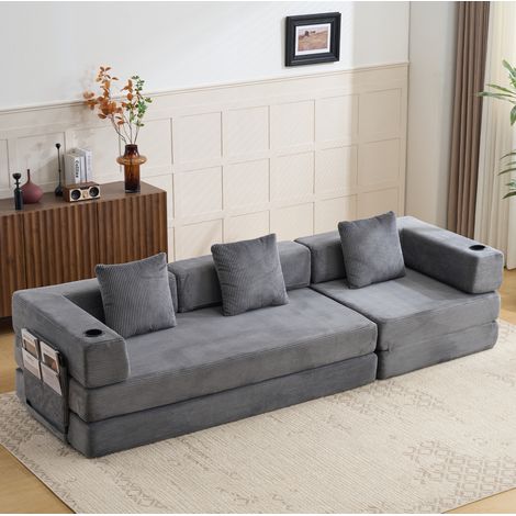 Sofá cama plegable (277.5x92.5x60 cm), convertible, con bolsillos laterales y portavasos, pana gris oscuro (1/5)