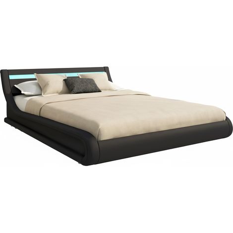 Polsterbett mit Bettkasten Bettgestell Bett Doppelbett mit LED Beleuchtung Bettkasten Bett Holzstruktur mit Kunstlederbezug Schwarz Matt Modell Parisina Für Matratze 180x200 (1/5)