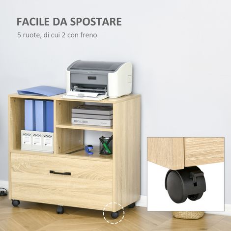 Bureau roulant blanc en bois avec tiroir et étagère ajustable, 77x40x73 cm, meuble à roulettes pour imprimante, 5 roues (1/5)
