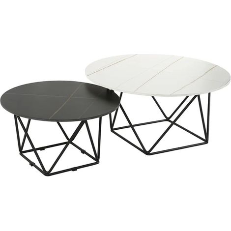Set de 2 tables basses rondes noir et blanc céramique marbrée - ASHE