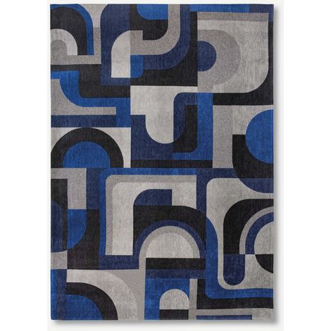 MODULDESIGN – GEOMETRISCHER TEPPICH IN NUANCEN – Hergestellt in Belgien – Mechanisches Jacquard-Flachgewebe – Handveredelt – Natürliche Rutschfestigkeit – 100 % Polyester – Weimarblau – 280 x 390 cm (1/5)
