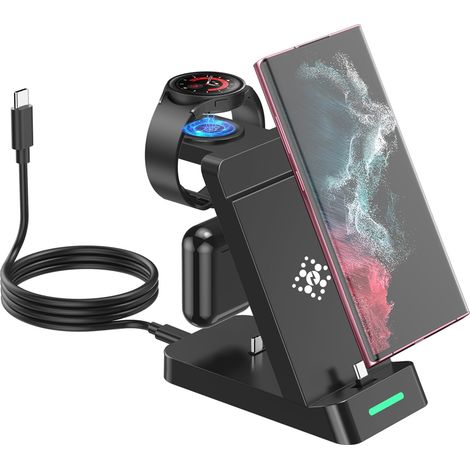 Stazione di ricarica rapida 3 in 1 per Samsung, caricabatterie a induzione per Samsung Galaxy Watch Ultra/7/6 Classic/5 Pro/5/4/3/Buds, caricabatterie wireless rapido per Samsung S25 S24 S23 S22 S21