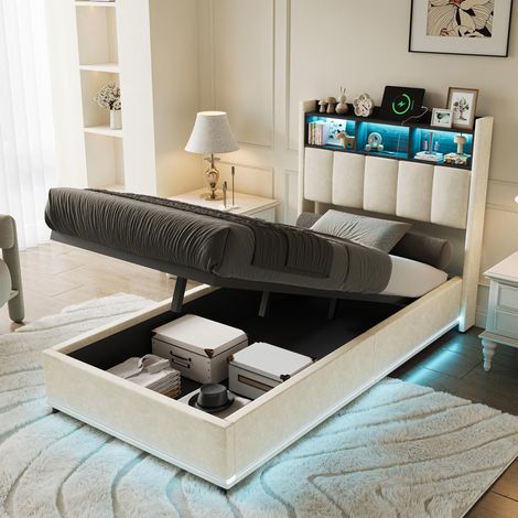 Lit Coffre 90x200 cm avec LED et Prises USB/Type-C - Lit Simple avec Rangement et Tête de Lit Fonctionnelle - Tissu en Lin- Beige