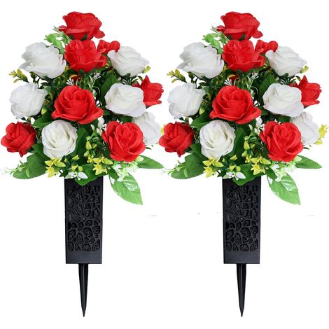 Deux fleurs de cimetière artificielles avec vase, utilisées pour la décoration de la pierre tombale et de la salle commémorative, le vase avec trou de drainage et ongles longs (rouge et blanc) (1/5)