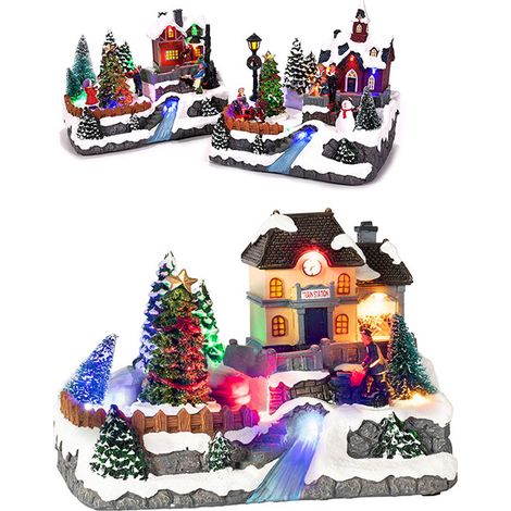 Scenario villaggio natalizio con neve albero di natale innevato luci e movimento decorazione per casa idea regalo (1/3)