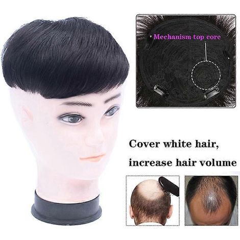 Perruque courte synthétique JINKAILI pour homme, style toupet, cheveux noirs naturels et raides, adaptée à la perte de cheveux et aux cheveux blancs.