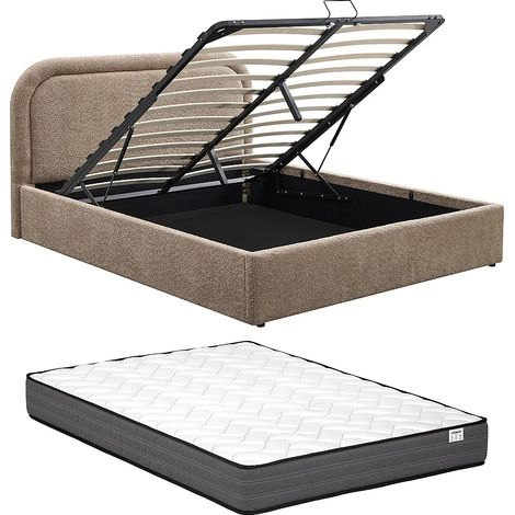 Letto con contenitore 140 x 190 cm Tessuto Bouclette Tortora + Materasso FIDOZIA (1/5)