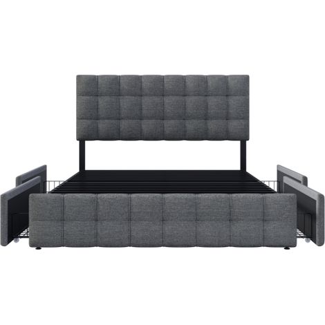 Lit rembourré avec 4 tiroirs, tête de lit réglable en hauteur et coutures carrées, avec matelas (140x200 cm, gris) (1/5)