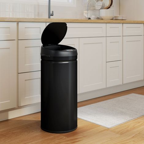 Cubo de basura con sensor (32x32x72 cm), apertura sin contacto, cierre suave, acero inoxidable negro (1/5)