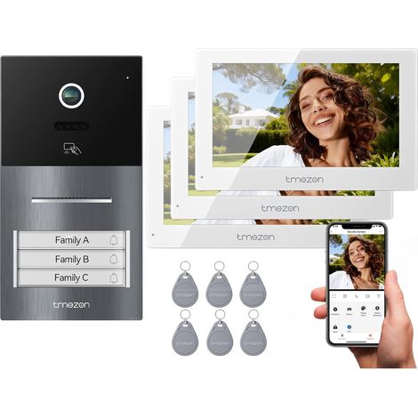 TMEZON Visiophone connecté Filaire 2 Fils Y70, Interphone Vidéo WiFi avec IP Moniteur écran Tactile, Sonnette de Caméra Vision Nocturne, APP Unlock à Distance, Badges, Detection Humaine, 3 Familles (1/5)