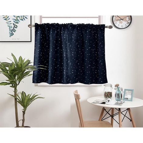 Cortina corta de cocina para ventanas pequeñas - Tela azul marino con estampado de estrellas - Cortina opaca de discos (1/5)