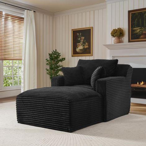 Divano relax nero Comfort, non richiede montaggio, moderna chaise longue in velluto a coste per soggiorno o ufficio, 166x100x73,9 cm