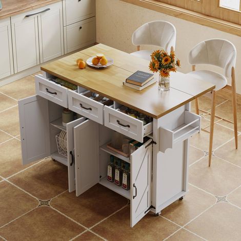 Isla de cocina 140x43(70)x90,5 cm en MDF blanco, ahorro de espacio para cocina FloraGrace (1/5)