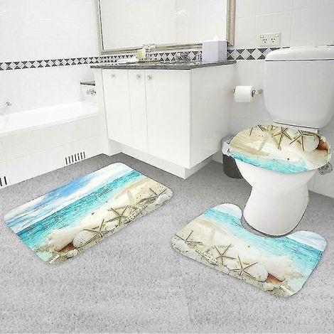 Lot de 3 tapis de bain bleus de plage antidérapants en mousse à mémoire de forme pour salle de bain et toilettes. (1/4)