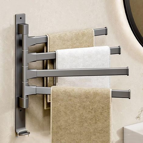 Porte-serviettes mural pivotant 180° 4 bras adhésif sans perçage noir, rangement pratique salle de bain (1/5)