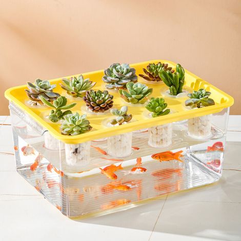 Aquarium Transparent en Plastique pour Hydroponie avec Couvercle et 12 Pots de Plantation pour Jardin de Balcon et Élevage de Poissons (Lid Jaune) (1/2)
