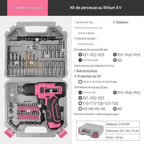 Foret à métaux, foret hélicoïdal, foret de construction, foret pour menuiserie, foret pour béton et brique, coffret complet de perceuse électrique avec foret et douille. (1/3)