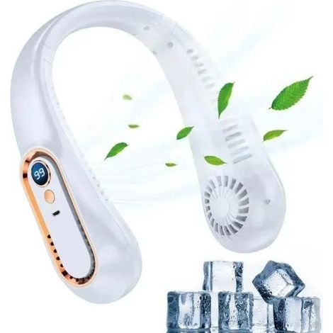 Ventilateur de Cou, Plaque de Refroidissement et Lumières Affichage Numérique Portable Suspendu Sans Lame Rechargeable pour Femmes Hommes Vacances Voyage Camping，（blanc） (1/5)