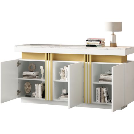 Buffet moderne blanc 140 × 38 × 70 cm avec 3 portes – Meuble de salle à manger avec séparateurs réglables, idéal pour cuisine, salon, salle à manger et entrée