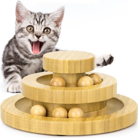 Juguetes interactivos giratorios de madera para gatos de doble capa, juguetes de pelota para juegos de laberinto, juguete para gatos de 2 capas (bambú) (1/5)