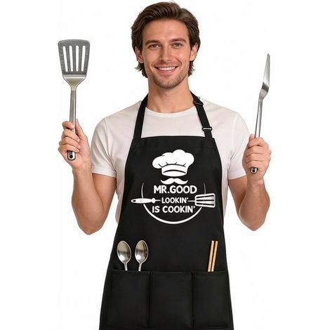 Küchenschürze 67 x 77 cm Restaurantschürze Grillschürze Profi Kochschürze Keramikschürze Malerschürze Unisex Fleckenabweisend Leicht verstellbar