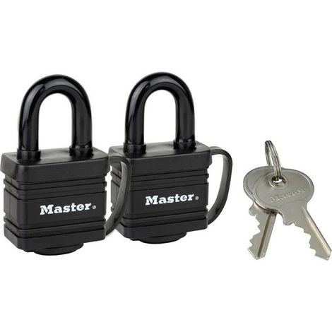 Master Lock 7804EURT Confezione da 2 Lucchetti in Acciaio Laminato Rivestito a Chiave, Nero, 7,8 x 4 x 2,9 cm (1/2)